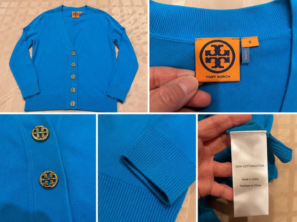 Tory Burch Blue Cotton Logo Button V-Neck Cardigan Sweater Size S